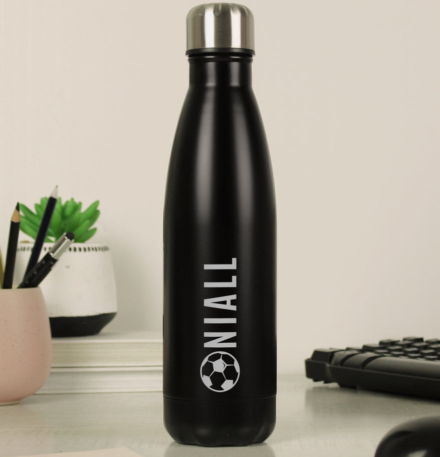 Personalised Football Black Metal Insulated Drinks Bottle