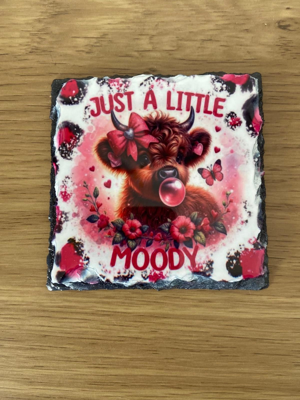 Just A Little Moody Pink Highland Cow Mug And Slate Coaster Set