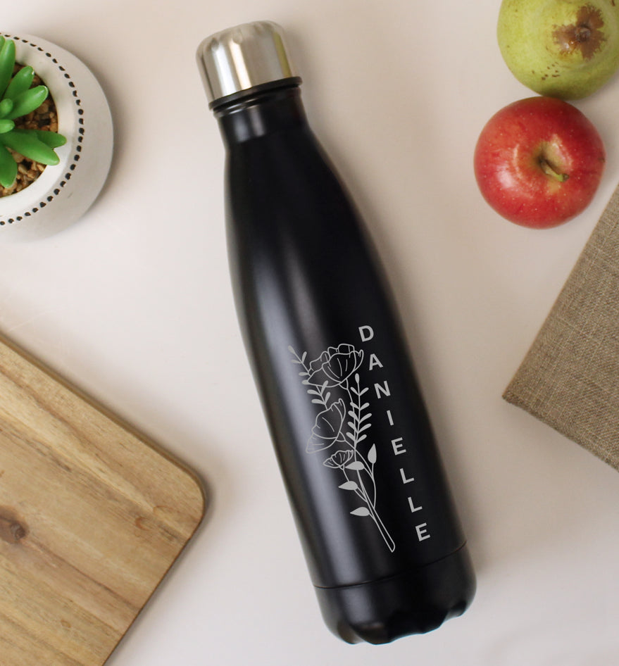 Personalised Floral Black Metal Insulated Drinks Bottle