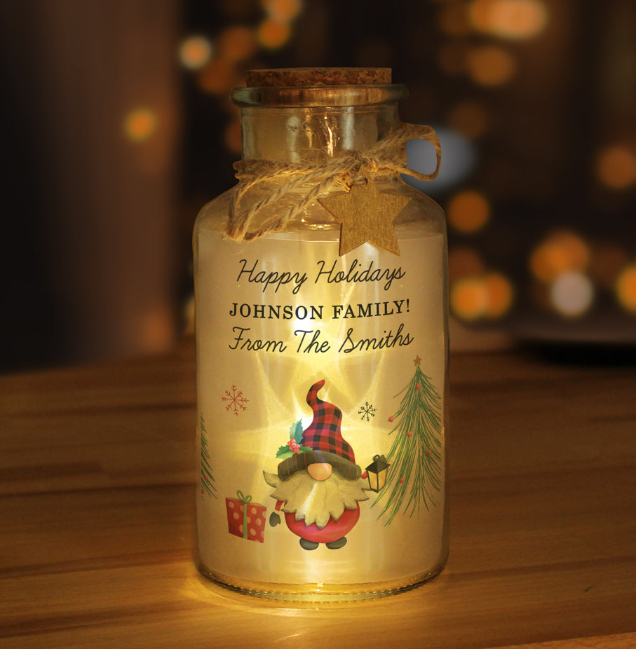 Personalised Gonk Christmas Scene LED Glass Jar