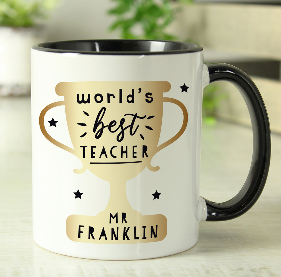 Personalised World's Best Teacher Trophy Black Handled Mug