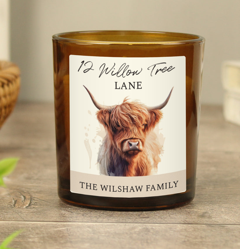 Personalised Highland Cow Amber Glass Candle