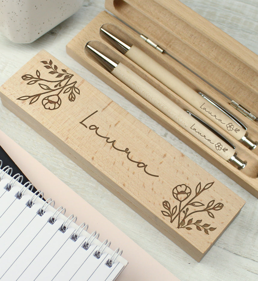 Personalised Floral Wooden Pen and Pencil Set