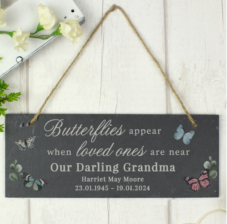 Personalised Memorial Butterflies Appear Slate Hanging Ornament