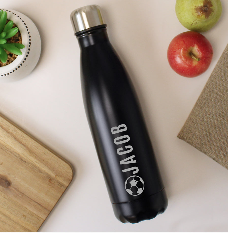 Personalised Football Black Metal Insulated Drinks Bottle