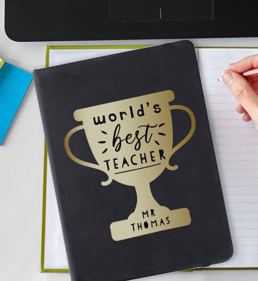 Personalised Worlds Best Teacher Trophy Black Hardback Notebook