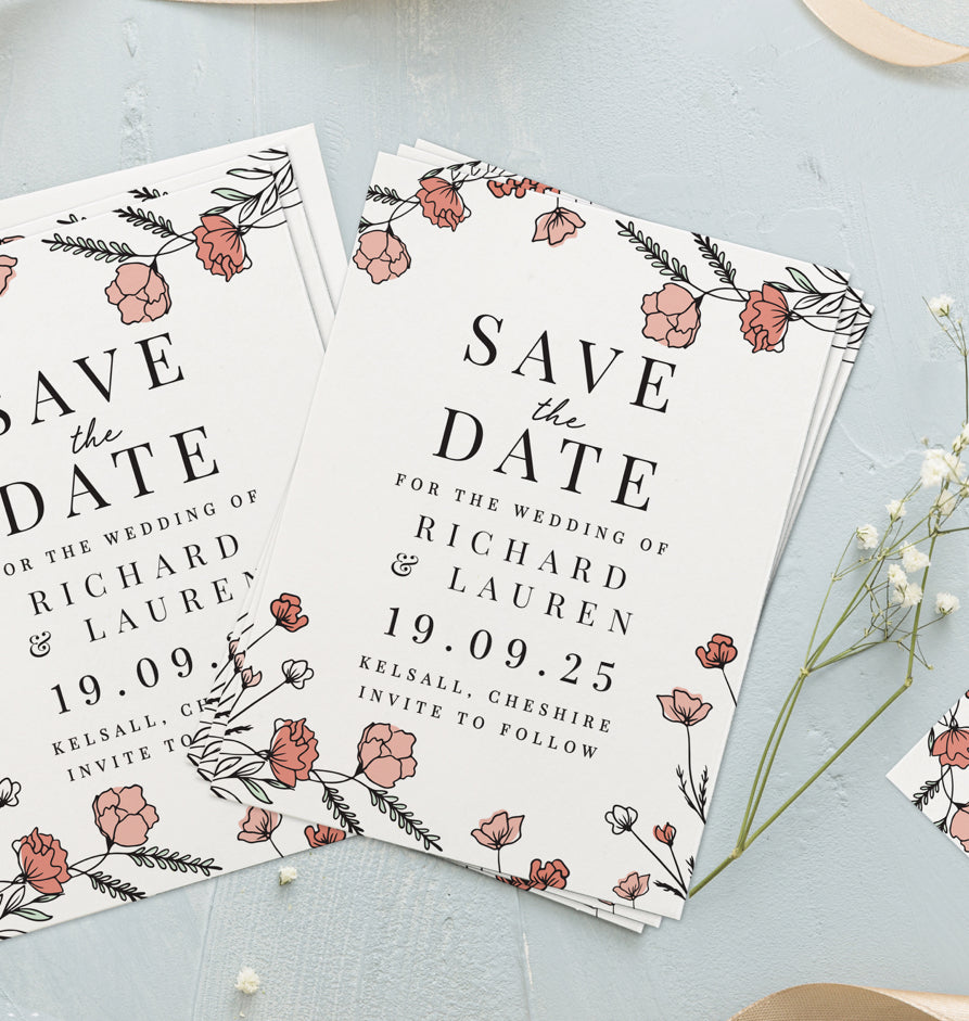 Personalised Pink Floral Set of 36 Wedding Save the Dates