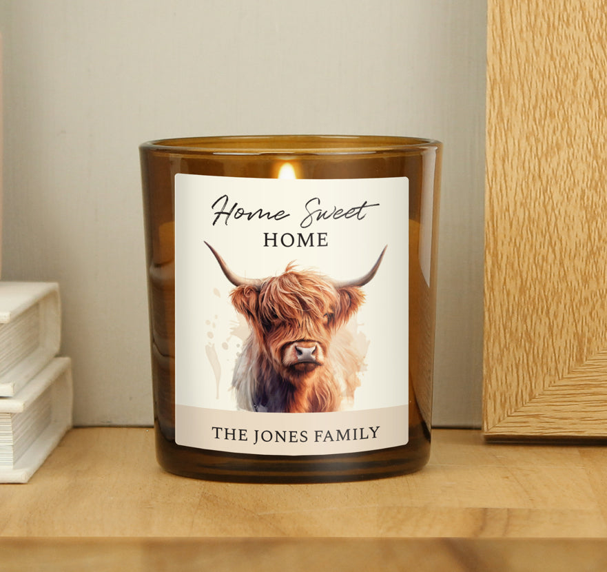 Personalised Highland Cow Amber Glass Candle