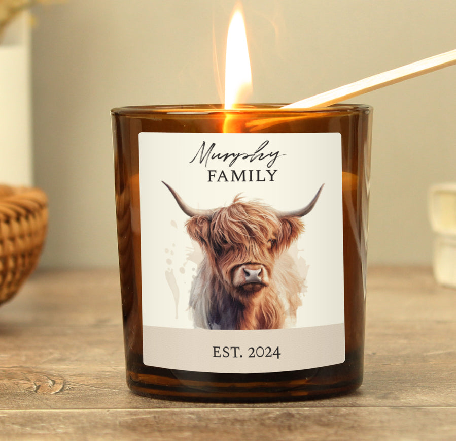 Personalised Highland Cow Amber Glass Candle