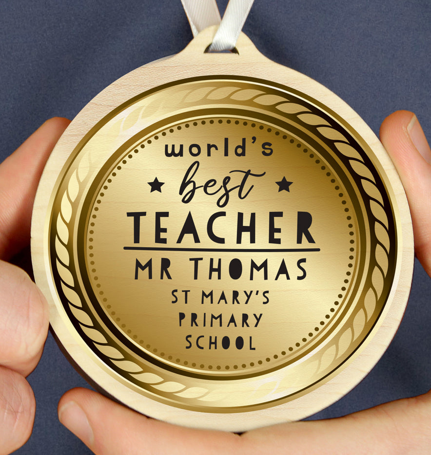 Personalised Worlds Best Teacher Round Wooden Medal