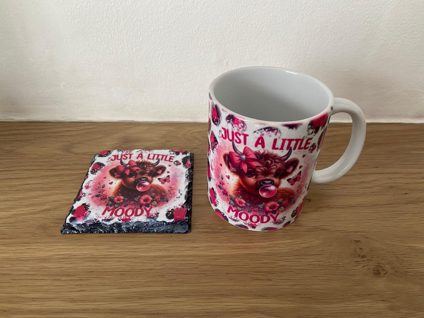 Just A Little Moody Pink Highland Cow Mug And Slate Coaster Set