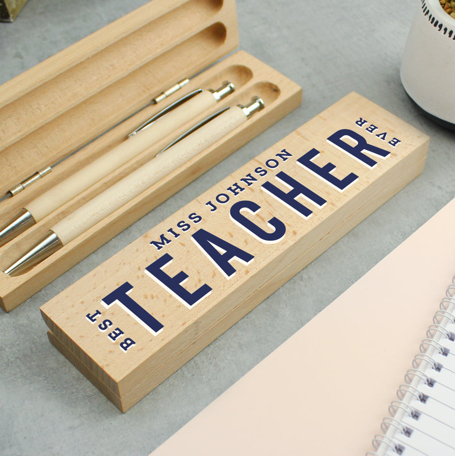 Personalised Best Teacher Wooden Pen and Pencil Set