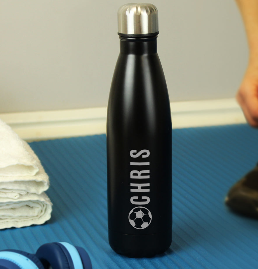 Personalised Football Black Metal Insulated Drinks Bottle