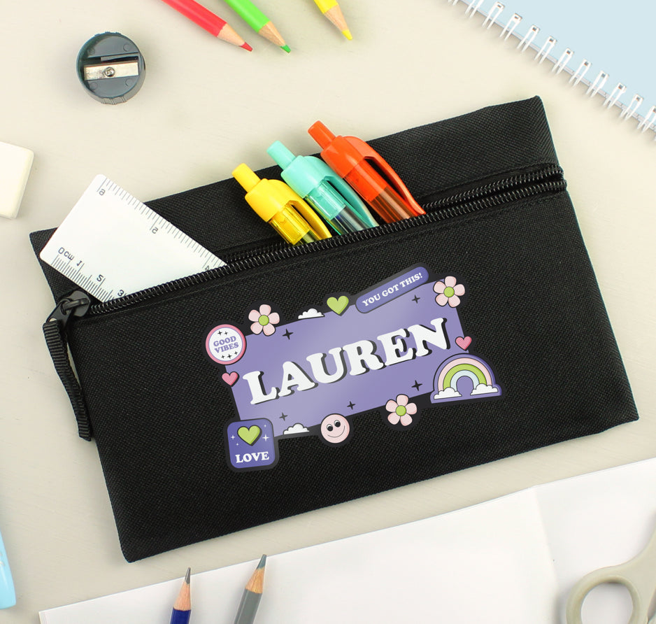 Personalised Good Vibes Black Pencil Case