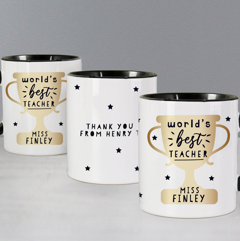 Personalised World's Best Teacher Trophy Black Handled Mug