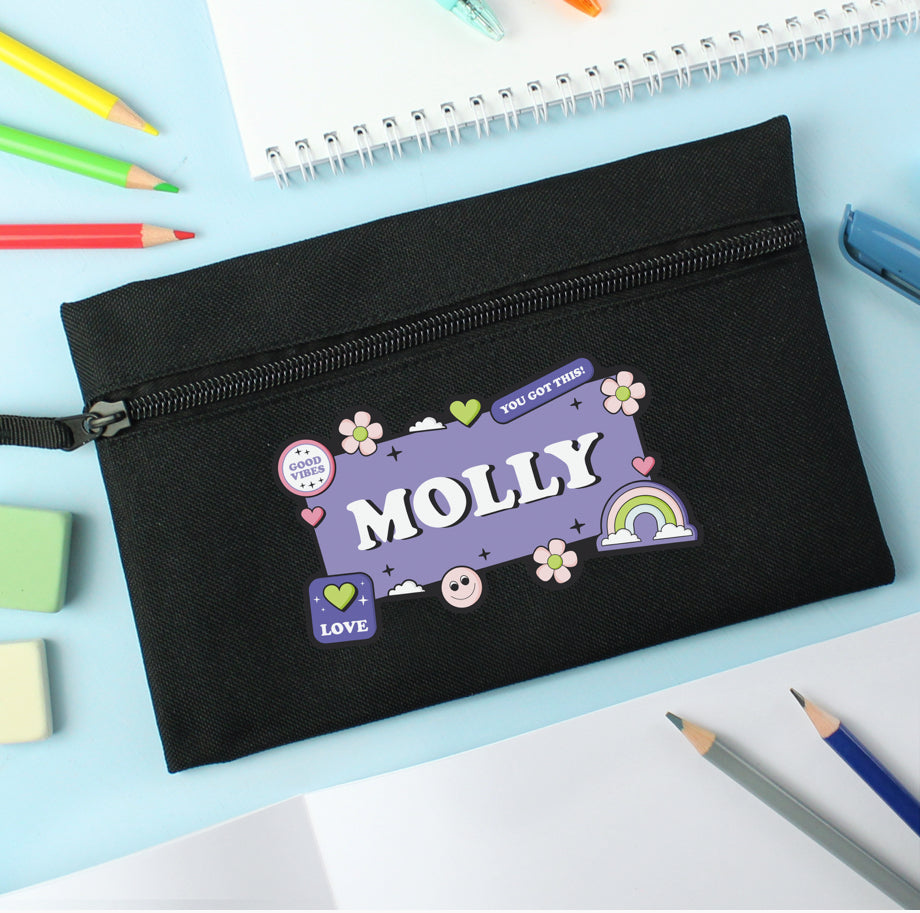 Personalised Good Vibes Black Pencil Case