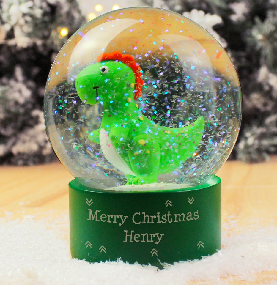 Personalised Message Dinosaur Glitter Snow Globe