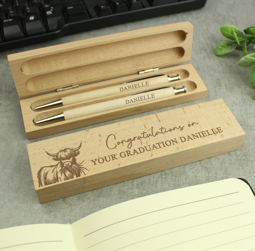 Personalised Highland Cow Wooden Pen & Pencil Set