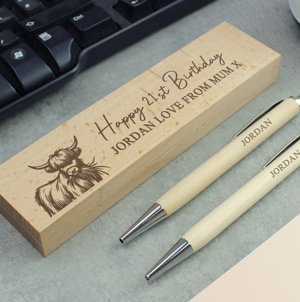 Personalised Highland Cow Wooden Pen & Pencil Set