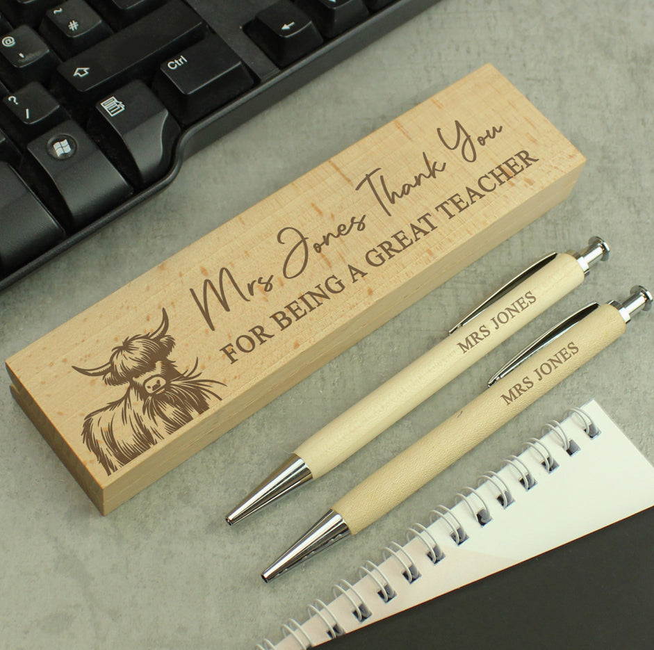 Personalised Highland Cow Wooden Pen & Pencil Set