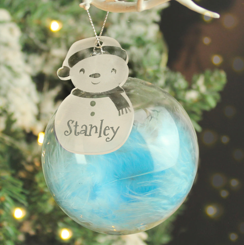 Personalised Snowman Acrylic Blue Feather Bauble