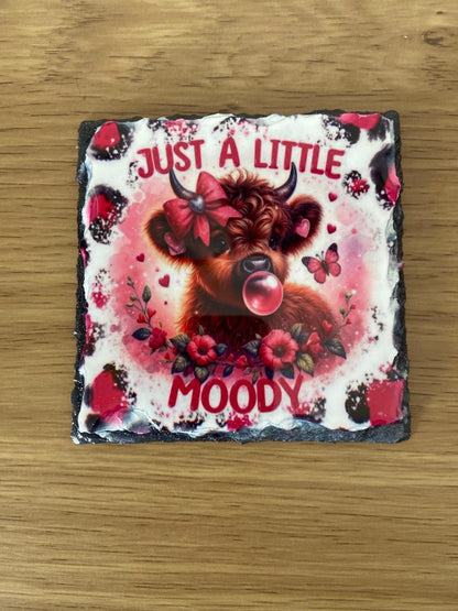 Just A Little Moody Pink Highland Cow Mug And Slate Coaster Set