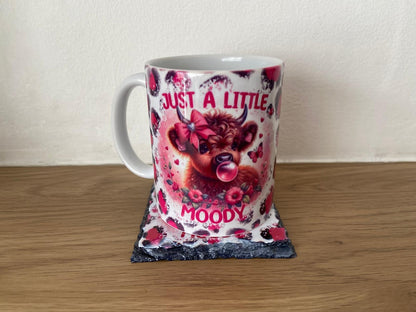 Just A Little Moody Pink Highland Cow Mug And Slate Coaster Set