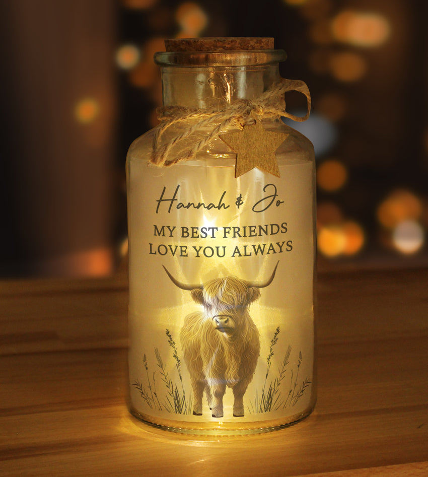 Personalised Highland Cow LED Light Up Jar