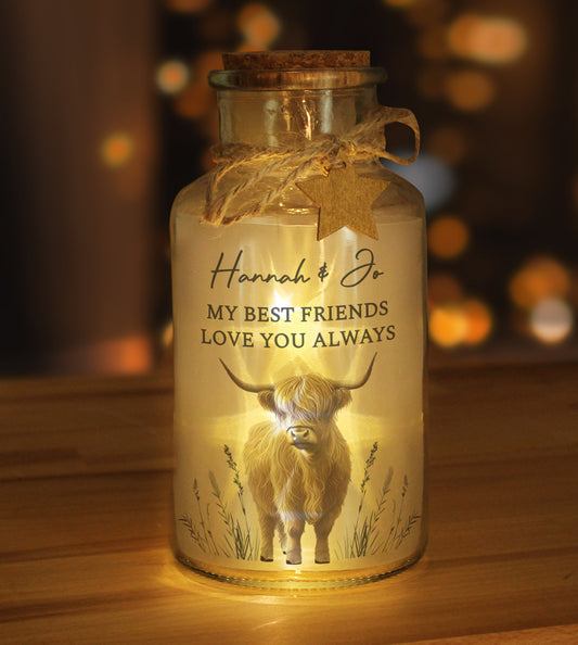 Personalised Highland Cow LED Light Up Jar