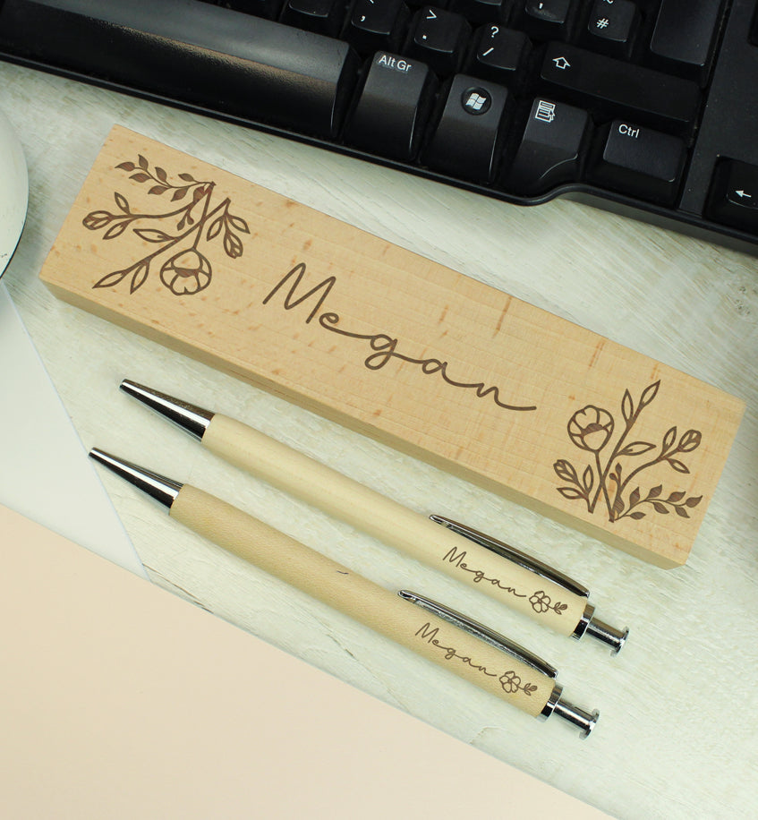 Personalised Floral Wooden Pen and Pencil Set