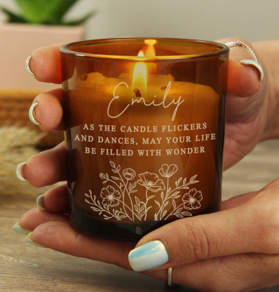 Personalised Wild Flowers Amber Glass Candle