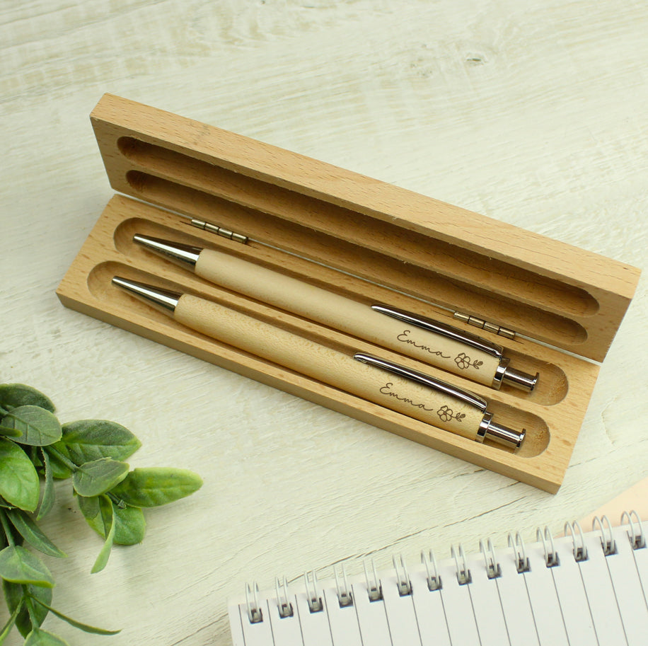 Personalised Floral Wooden Pen and Pencil Set