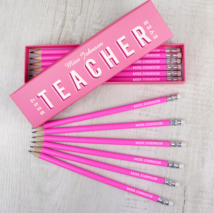 Personalised Best Teacher Ever Box and 12 Pink HB Pencils