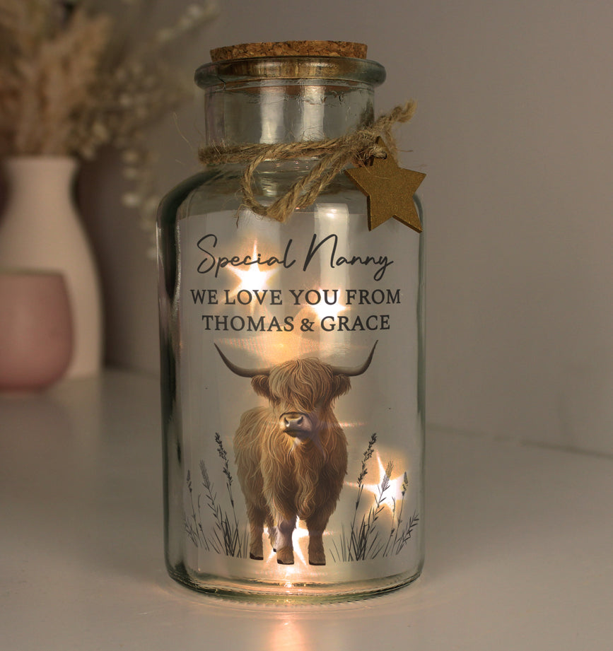 Personalised Highland Cow LED Light Up Jar