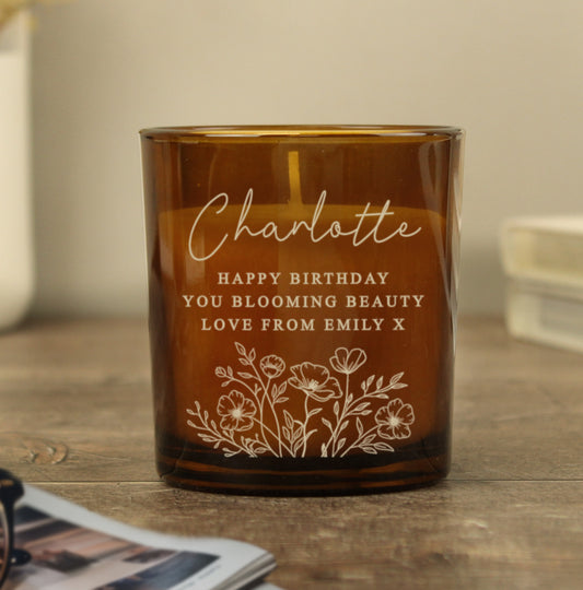 Personalised Wild Flowers Amber Glass Candle