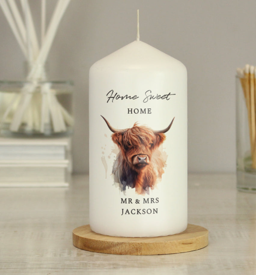 Personalised Highland Cow Pillar Candle