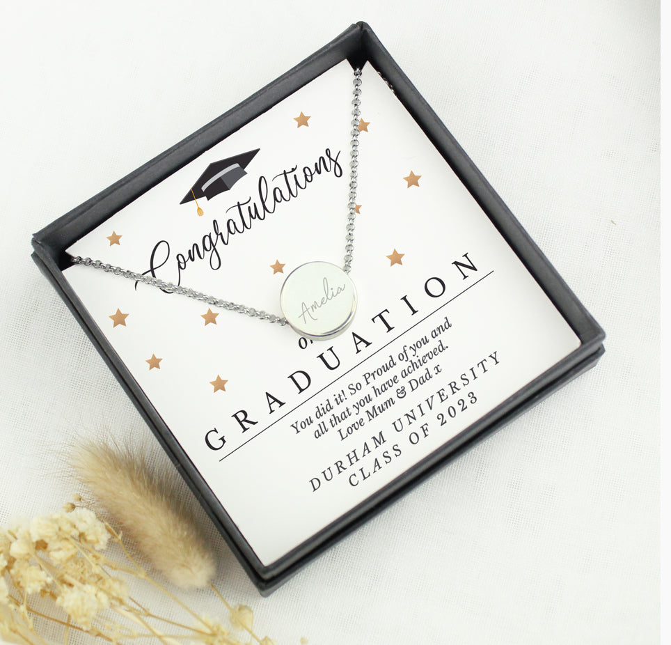 Personalised Graduation Sentiment Silver Tone Necklace and Box