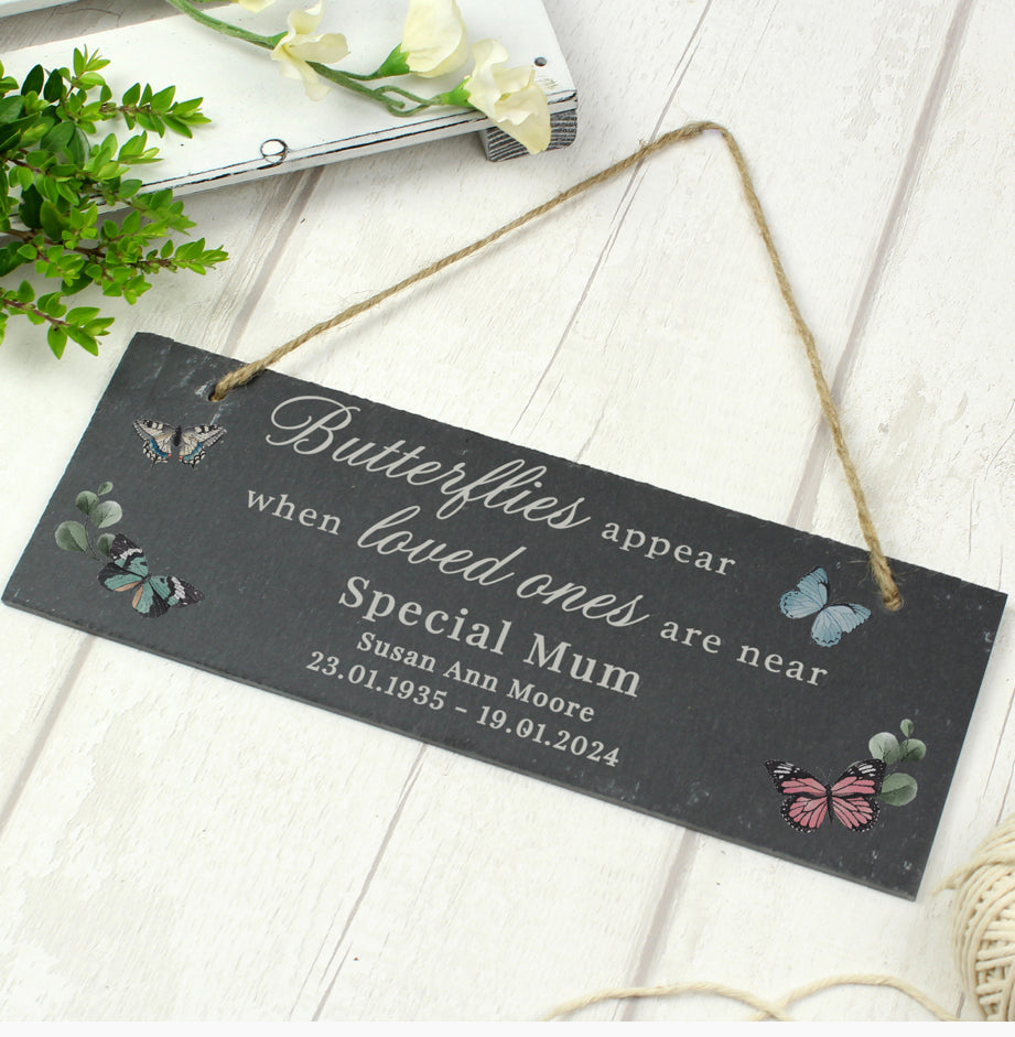 Personalised Memorial Butterflies Appear Slate Hanging Ornament