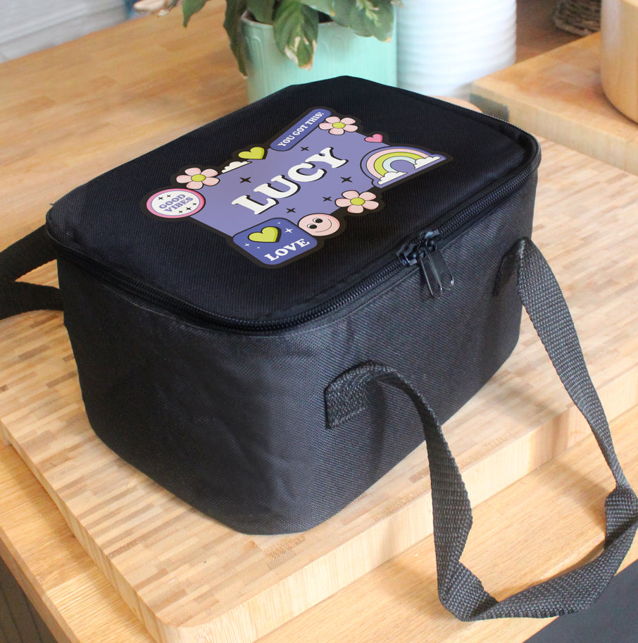 Personalised Good Vibes Black Lunch Bag