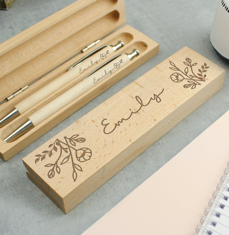 Personalised Floral Wooden Pen and Pencil Set