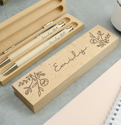 Personalised Floral Wooden Pen and Pencil Set