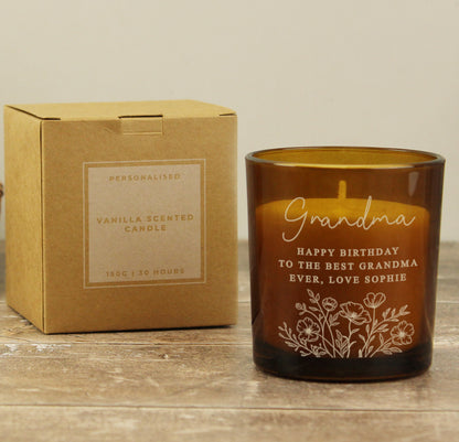 Personalised Wild Flowers Amber Glass Candle