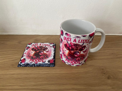 Just A Little Moody Pink Highland Cow Mug And Slate Coaster Set