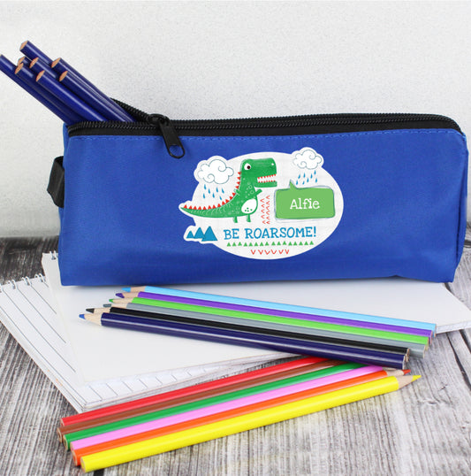 Personalised 'Be Roarsome' Dinosaur Blue Pencil Case