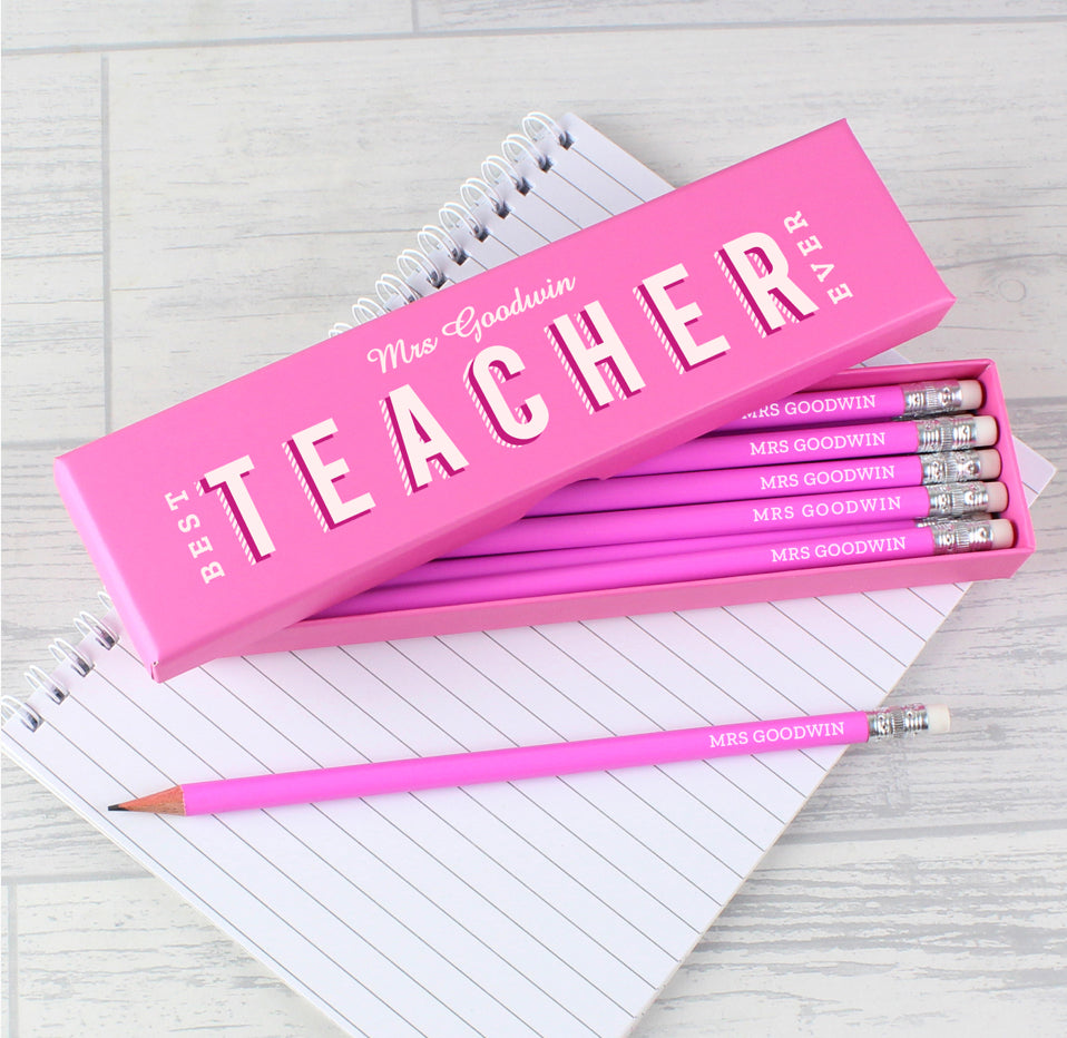 Personalised Best Teacher Ever Box and 12 Pink HB Pencils