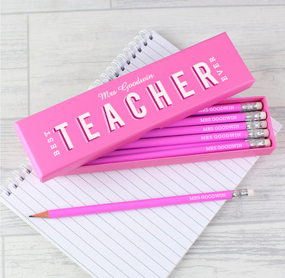 Personalised Best Teacher Ever Box and 12 Pink HB Pencils