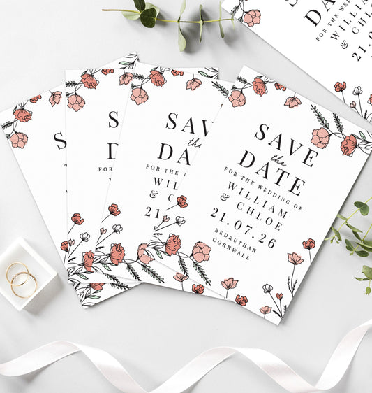 Personalised Pink Floral Set of 36 Wedding Save the Dates