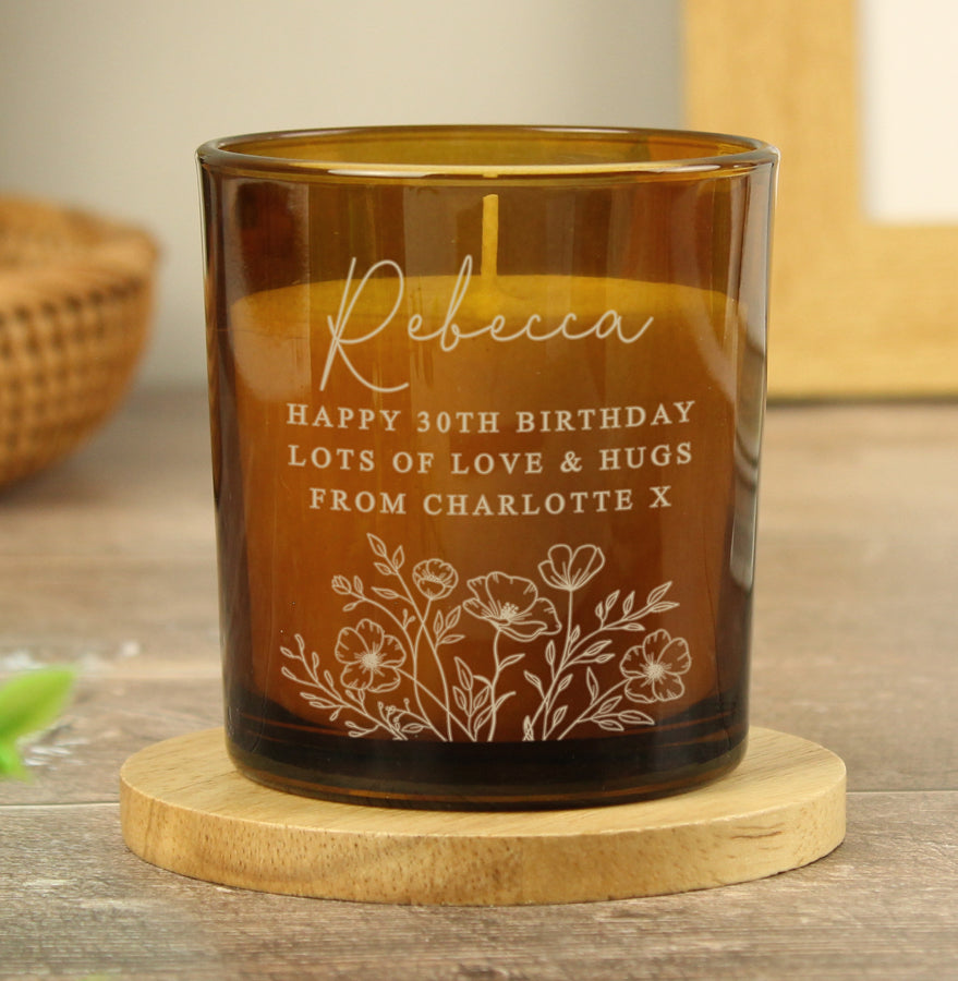 Personalised Wild Flowers Amber Glass Candle