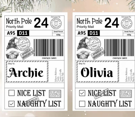 Personalised Naughty or Nice List Postage Label pack of 10