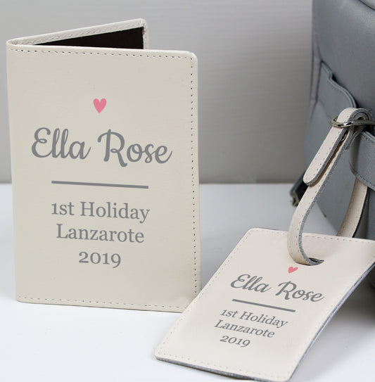 Personalised Pink Heart Cream Passport Holder & Luggage Tag Set